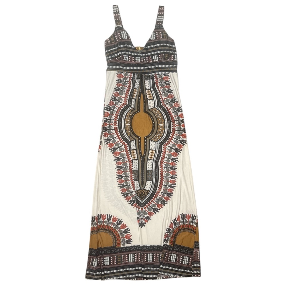 Cyn By Cynthia Mehra Elegant Tribal Maxi Dress Vacation Neutral Brown & Cream SM
